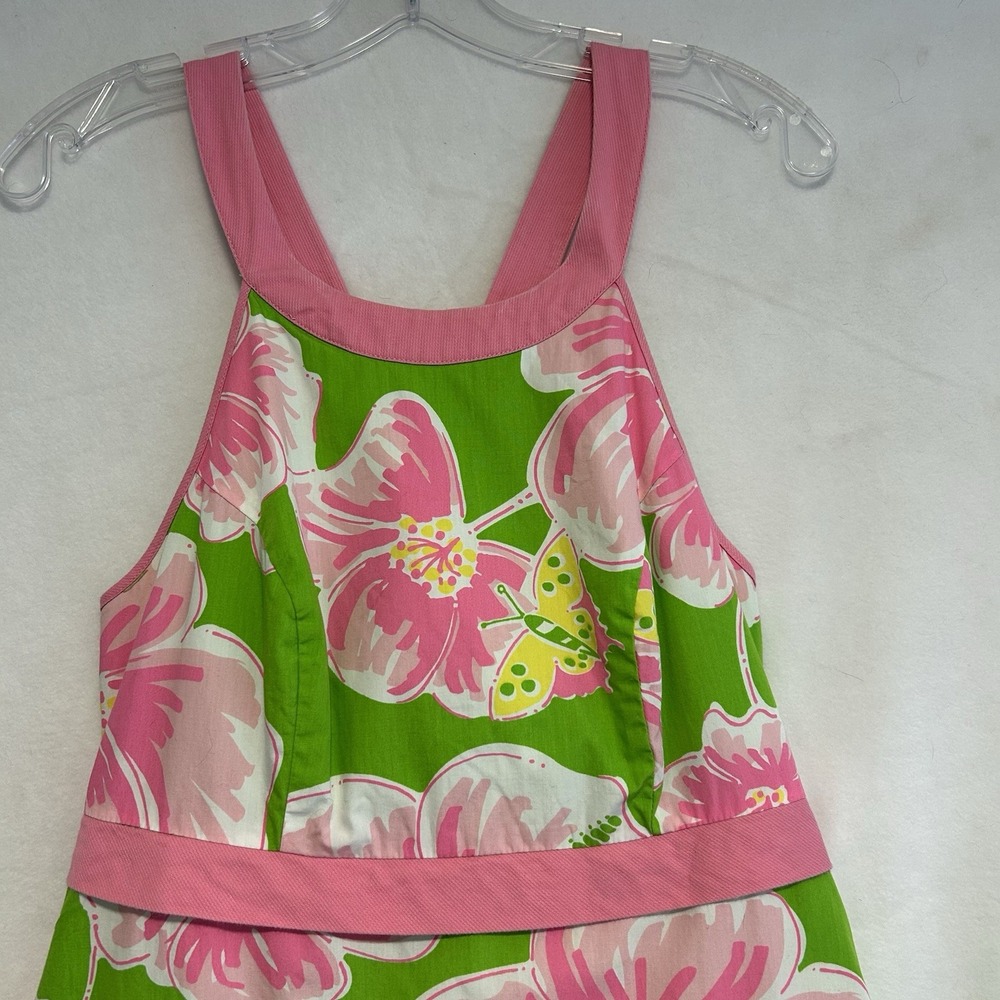 Lilly Pulitzer Sz. 8 Green Pink White Floral Round Neck Halter Back Strap Dress - Picture 2 of 9